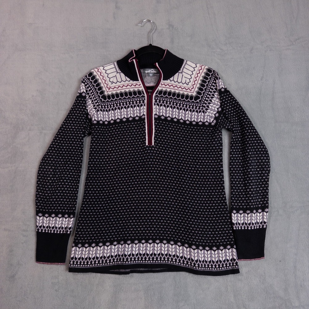 Eddie Bauer Fair Isle Sweater Womens M Black White Quarter Zip Mock